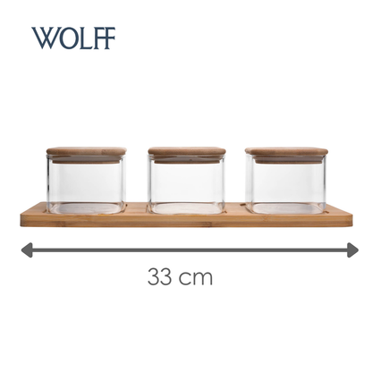 Conjunto 3 Potes com Tampa e Bandeja de Bambu Vidro Borossilicato - Wolff