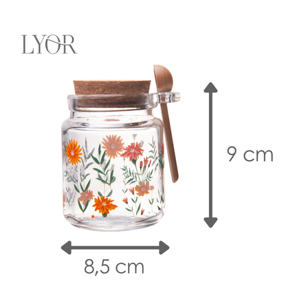 Pote Redondo de Vidro com Tampa e Colher de Bambu Flora 240ml - Lyor