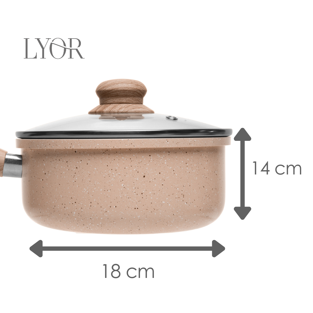 Panela de Indução em Alumínio com Revestimento Cerâmico Tampa de Vidro Granito Chefe Bege 18cm Lyor