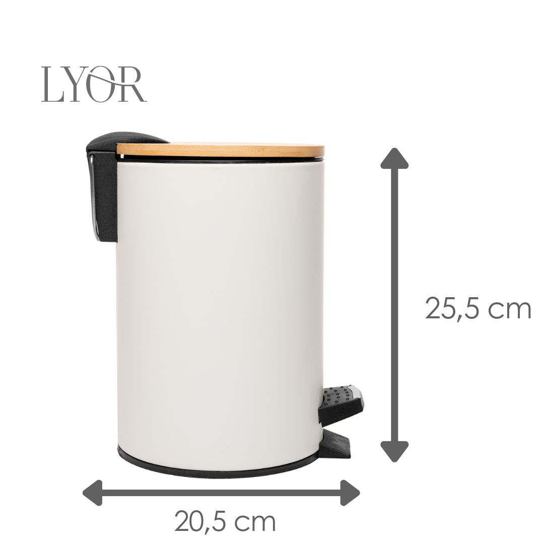 Lixeira Redonda de Metal com Pedal e Tampa em Bambu Branca 5L - Lyor