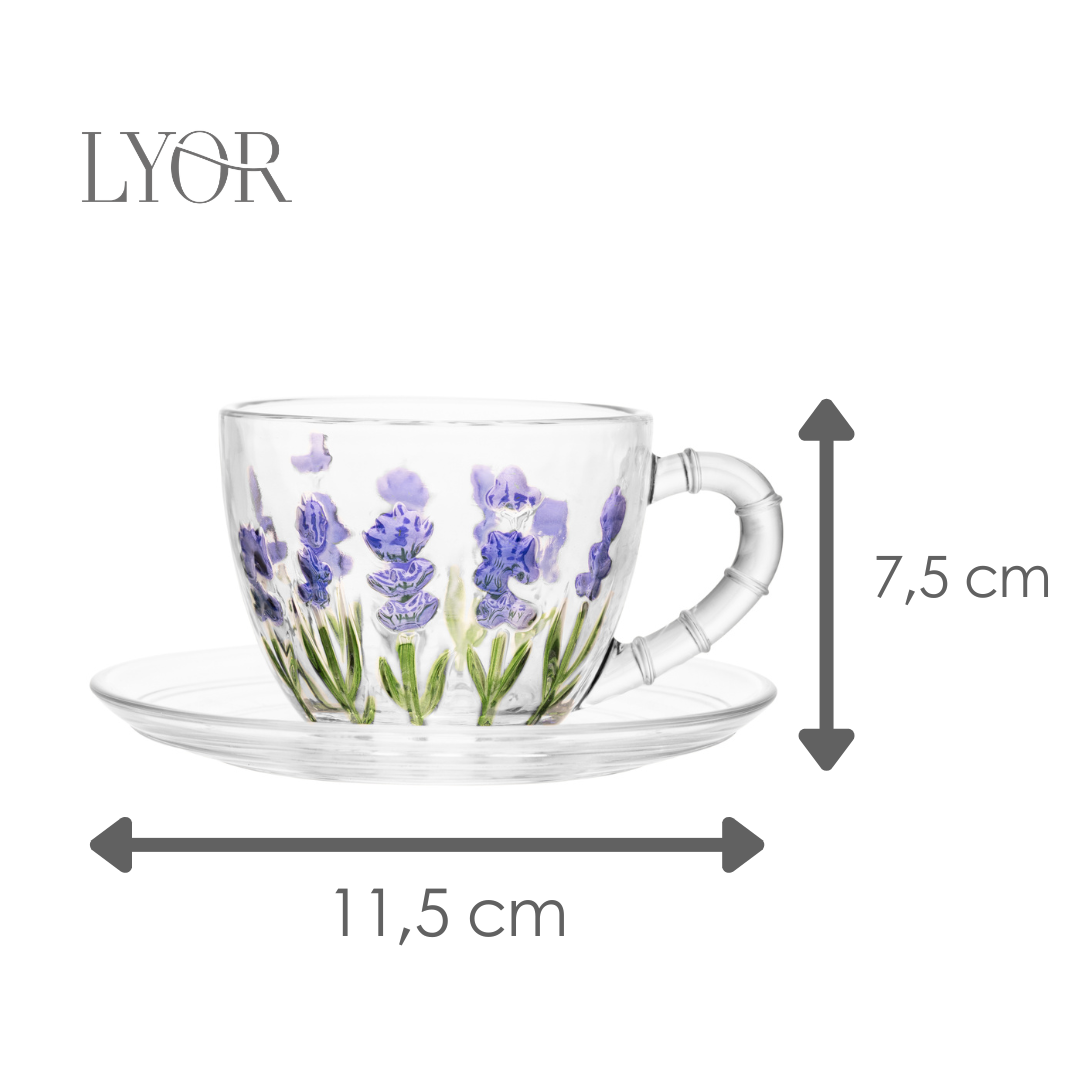 Xícara de Chá com Pires Lavanda Hand Painting 220ml Cristal Ecológico - Lyor