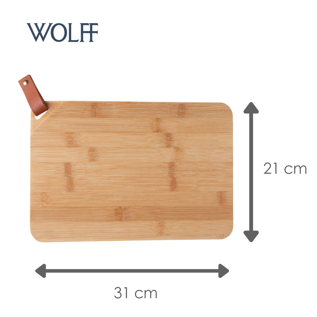 Tábua de Corte Retangular com Alça em Couro Ecológico 31cm x 21cm x 1cm Bambu - Wolff