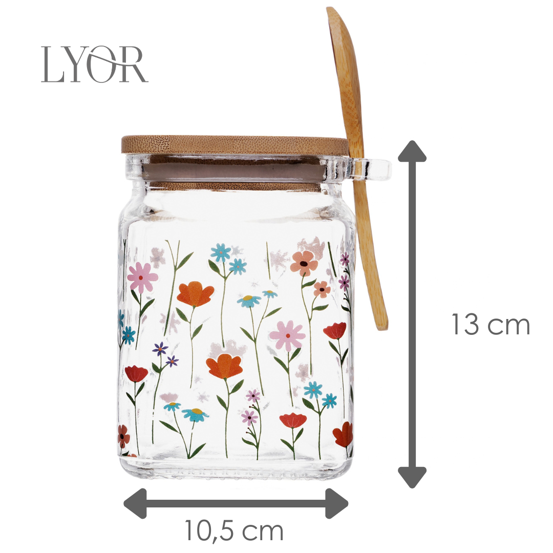 Pote Quadrado com Tampa e Colher de Bambu Jasmim 600ml Vidro - Lyor