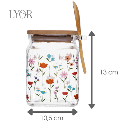 Pote Quadrado com Tampa e Colher de Bambu Jasmim 600ml Vidro - Lyor