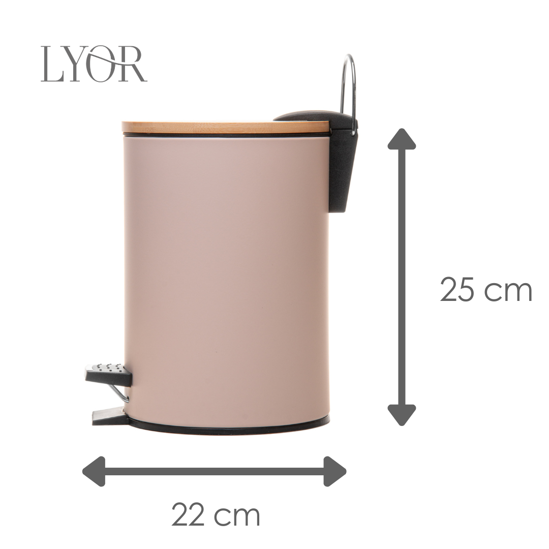 Lixeira Redonda com Tampa em Bambu e Pedal 3L Bege Aço Inox - Lyor