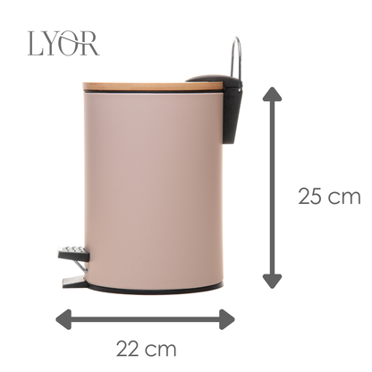 Lixeira Redonda com Tampa em Bambu e Pedal 3L Bege Aço Inox - Lyor