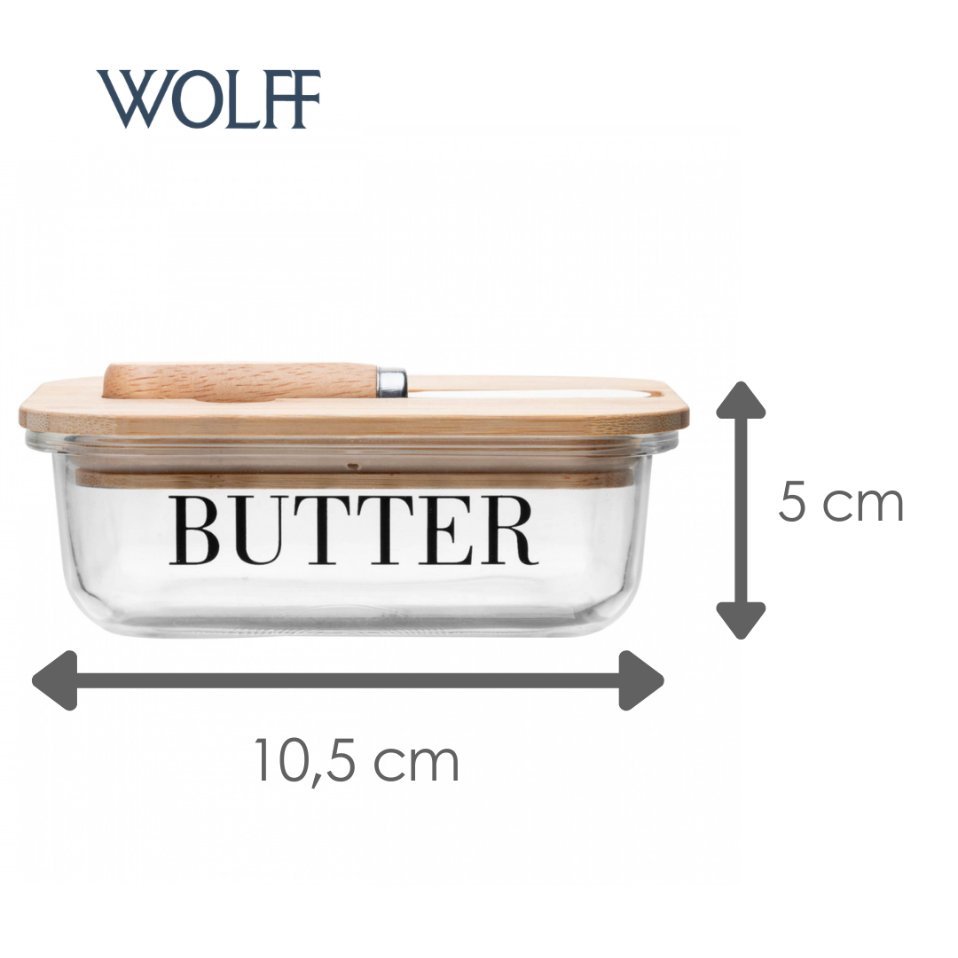 Manteigueira com Espátula e Tampa de Bambu Basic 15cm x 11cm x 5cm Vidro – Wolff