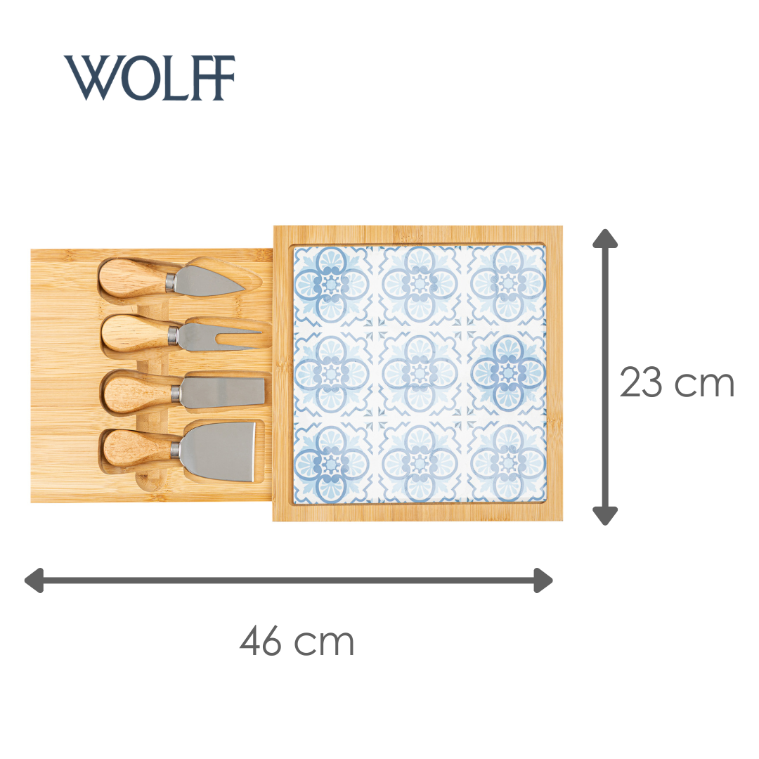 Conjunto 6 Peças para Queijo Tábua com Gaveta Mosaico 23cm x 23cm x 4cm Bambu - Wolff