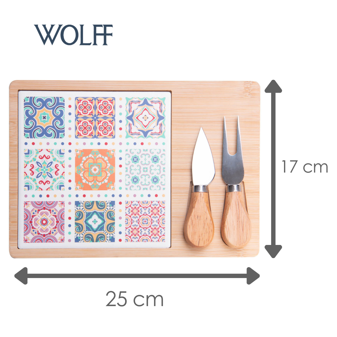 Conjunto 4 Peças para Queijo com Bandeja de Bambu e Tábua Ladrilho 17x25x2cm - Wolff