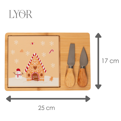 Conjunto 4 Peças Para Queijo  Bandeja de Bambu e Tábua Encanto de Natal 25cm x 17cm x 2cm - Lyor