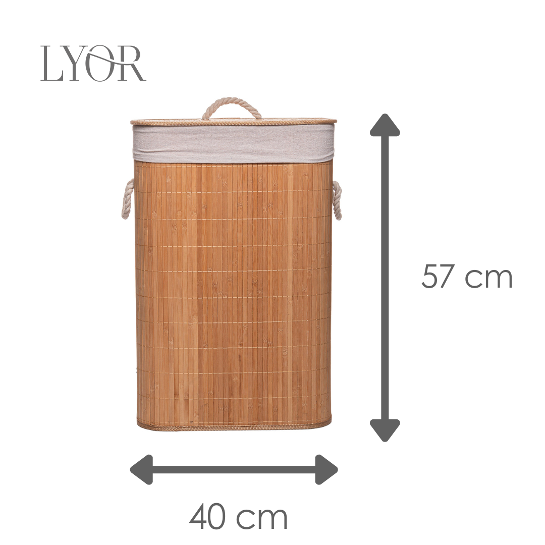 Cesto para Lavanderia de Bambu com Tampa Natural 40cm x 30cm x 57cm - Lyor