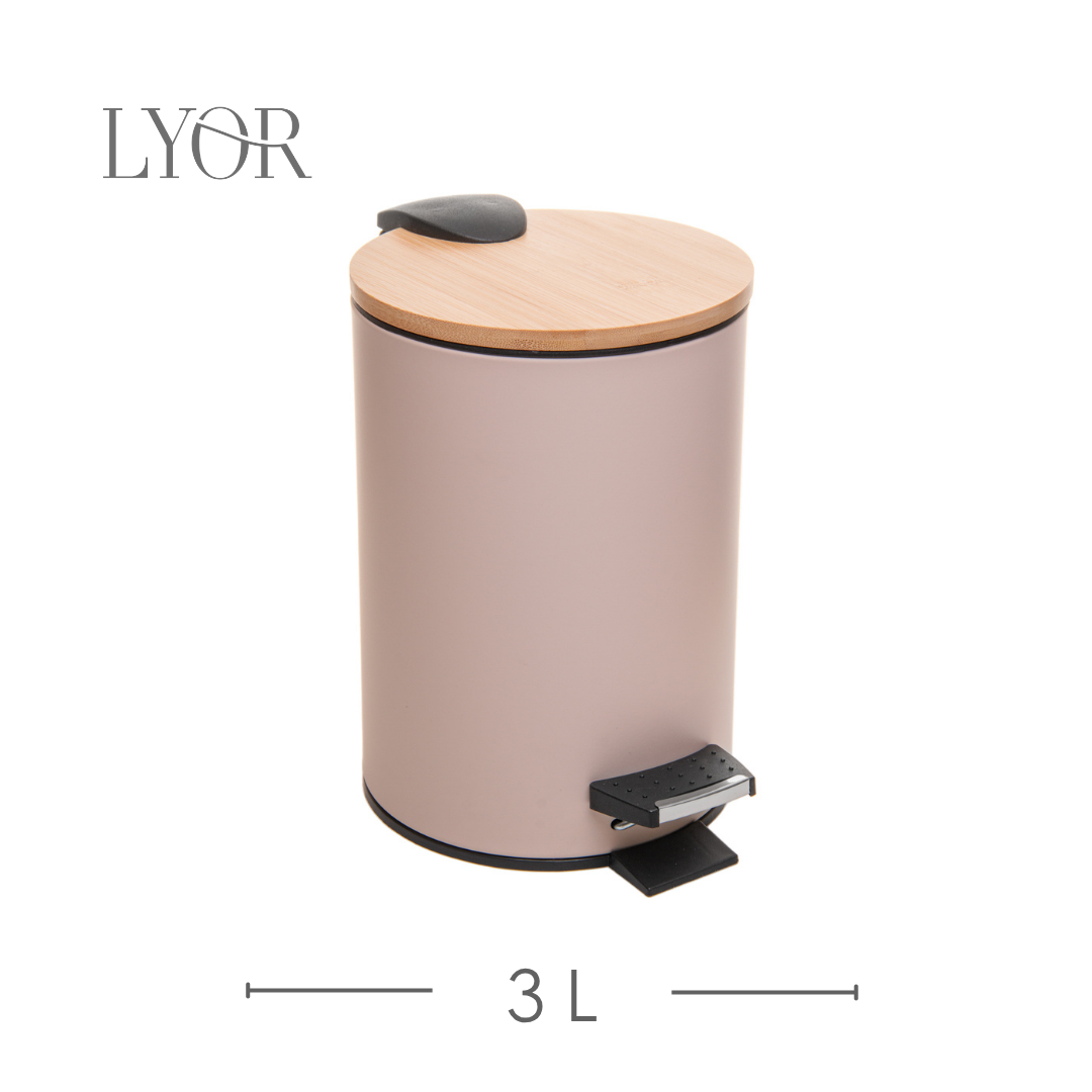 Lixeira Redonda com Tampa em Bambu e Pedal 3L Bege Aço Inox - Lyor