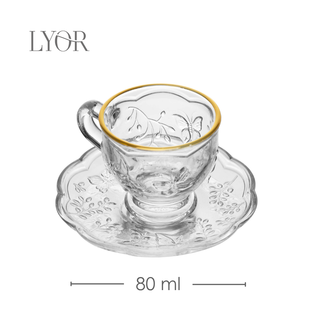 Xícara de Café com Pires New Butterfly com Fio de Ouro 80ml Cristal Ecológico - Lyor