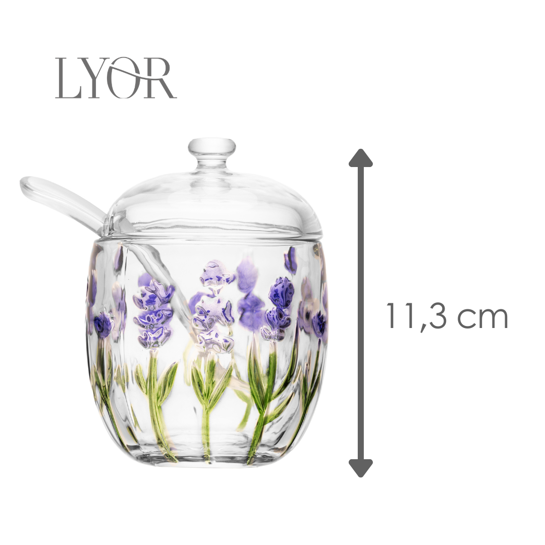 Açucareiro com Colher e Tampa Lavanda Hand Painting 8,5cm x 11,3cm Cristal Ecológico - Lyor