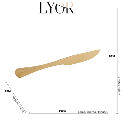 Conjunto 6 Facas de Churrasco de Aço Inox Positano Dourado 23cm - Lyor