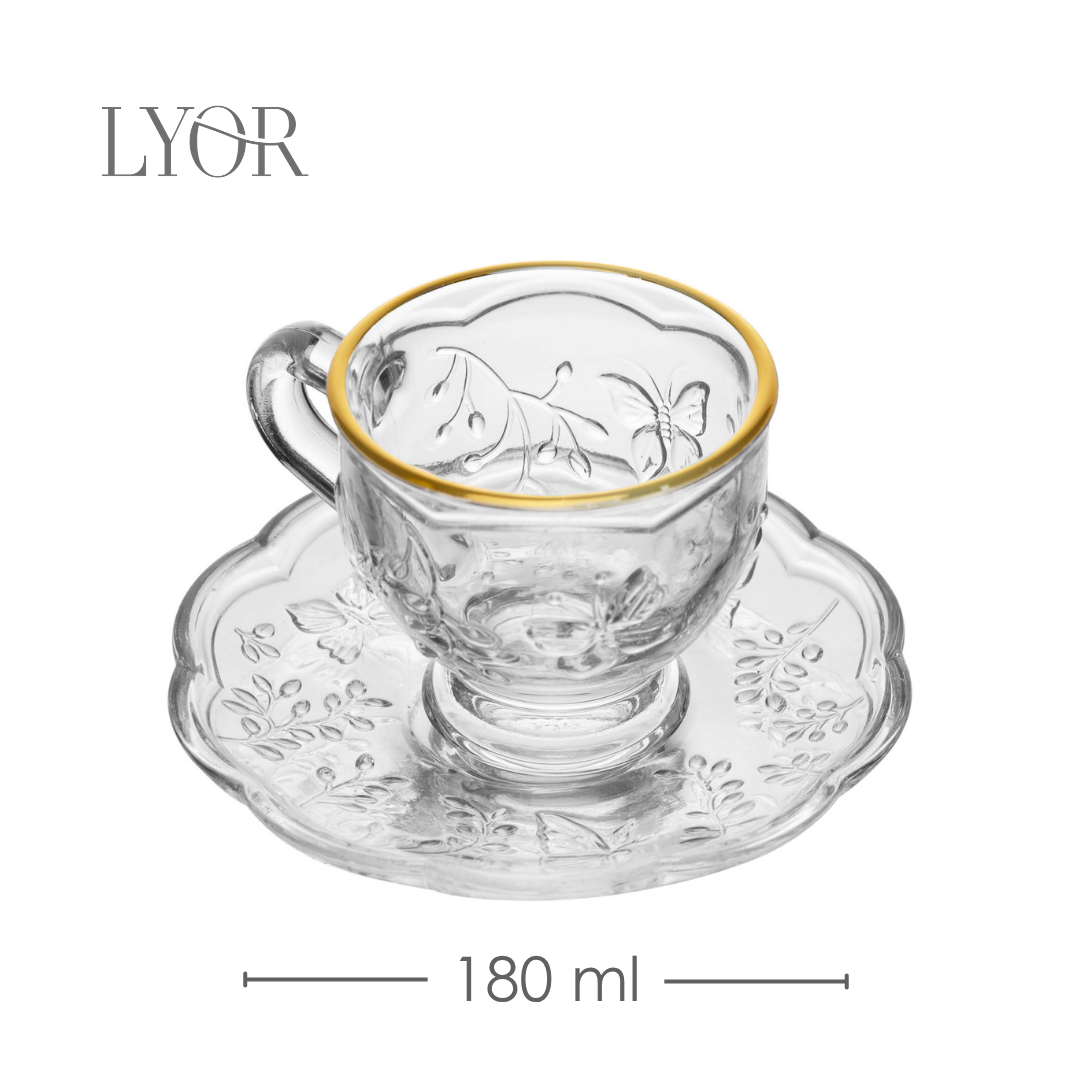 Xícara de Chá com Pires New Butterfly com Fio de Ouro 180ml Cristal Ecológico - Lyor