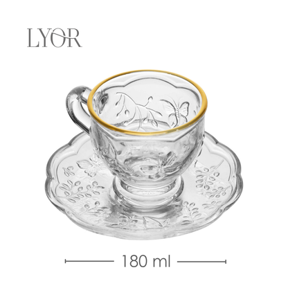 Xícara de Chá com Pires New Butterfly com Fio de Ouro 180ml Cristal Ecológico - Lyor