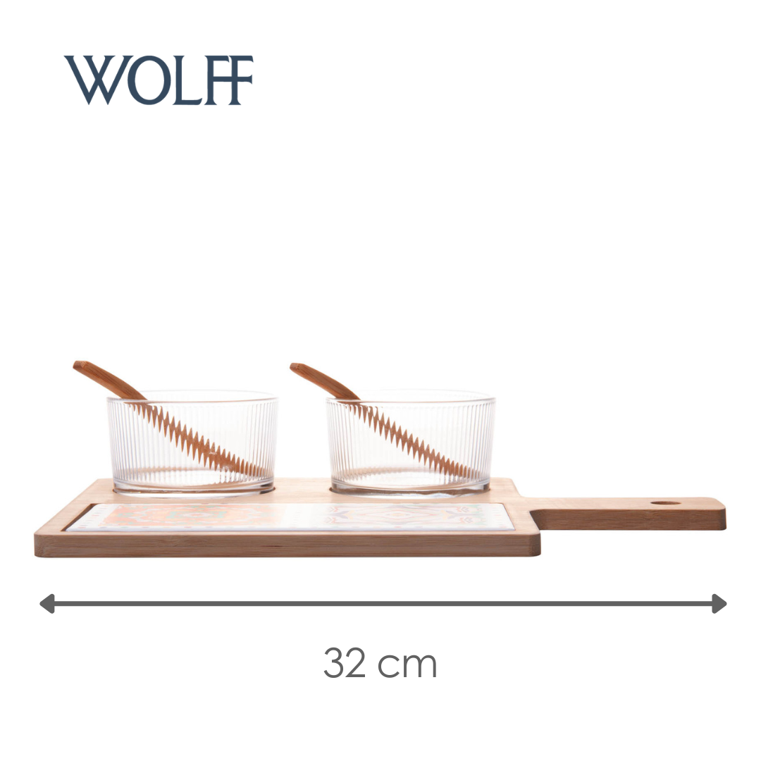 Conjunto Petisqueiras de Vidro com Colher e Bandeja de Bambu - Wolff
