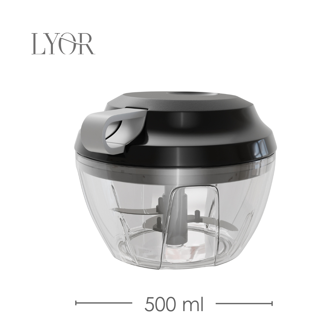 Mini Processador de Alimentos Manual de Plástico 3 Lâminas Premium Preto e Cinza 13,5cm x9,5cm Lyor