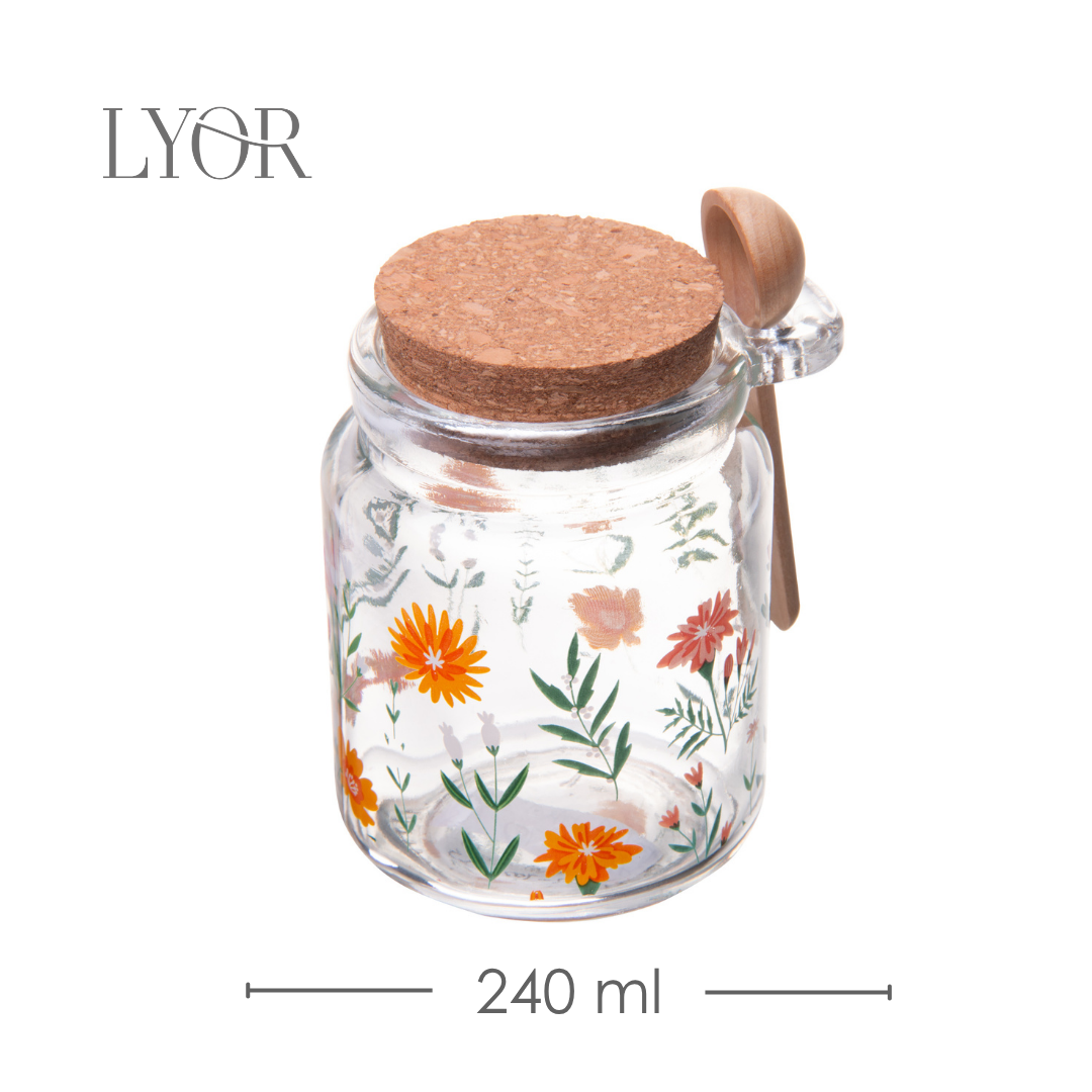Pote Redondo de Vidro com Tampa e Colher de Bambu Flora 240ml - Lyor