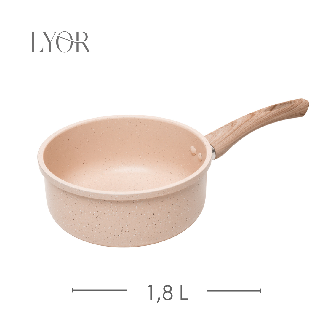 Panela de Indução em Alumínio com Revestimento Cerâmico Tampa de Vidro Granito Chefe Bege 18cm Lyor