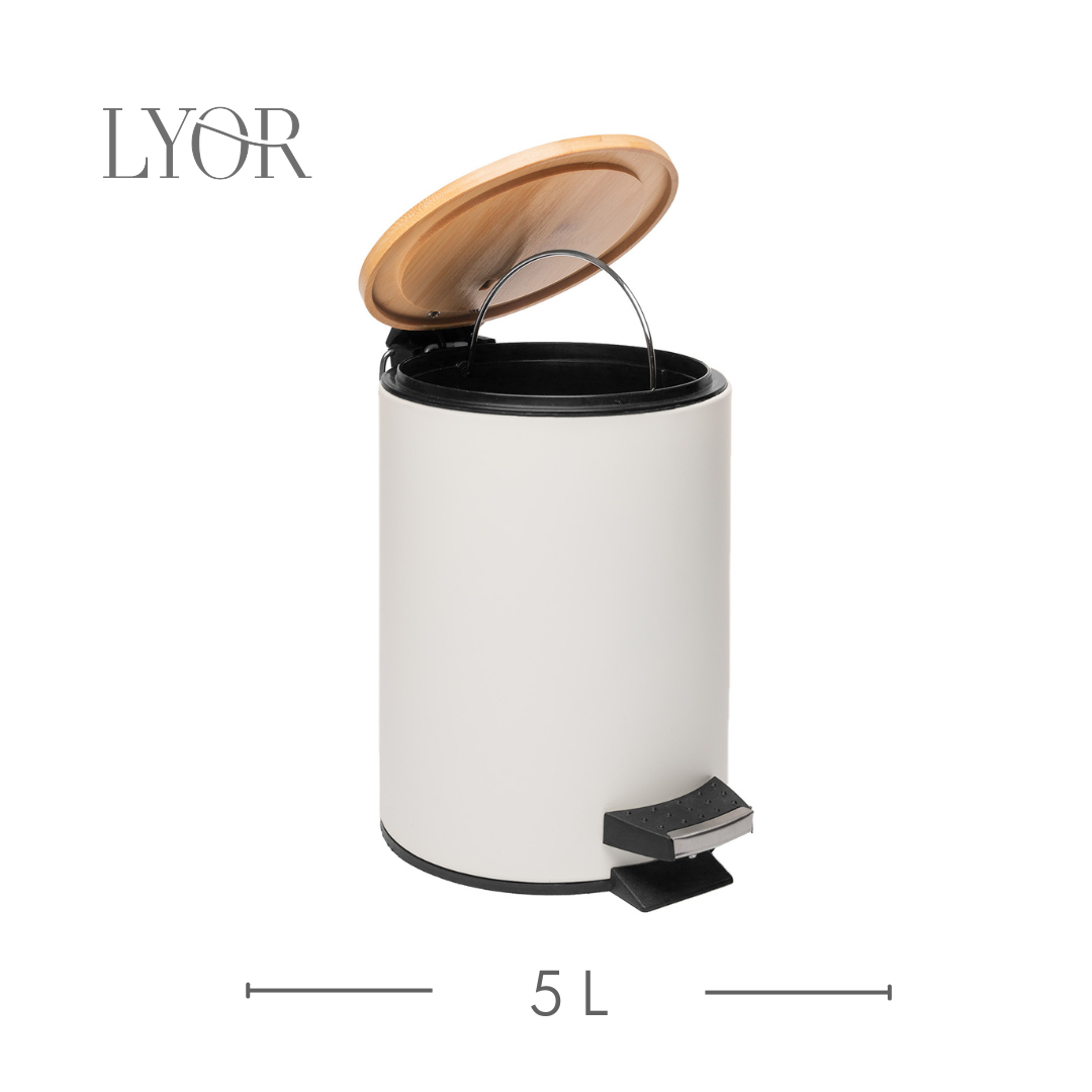 Lixeira Redonda de Metal com Pedal e Tampa em Bambu Branca 5L - Lyor
