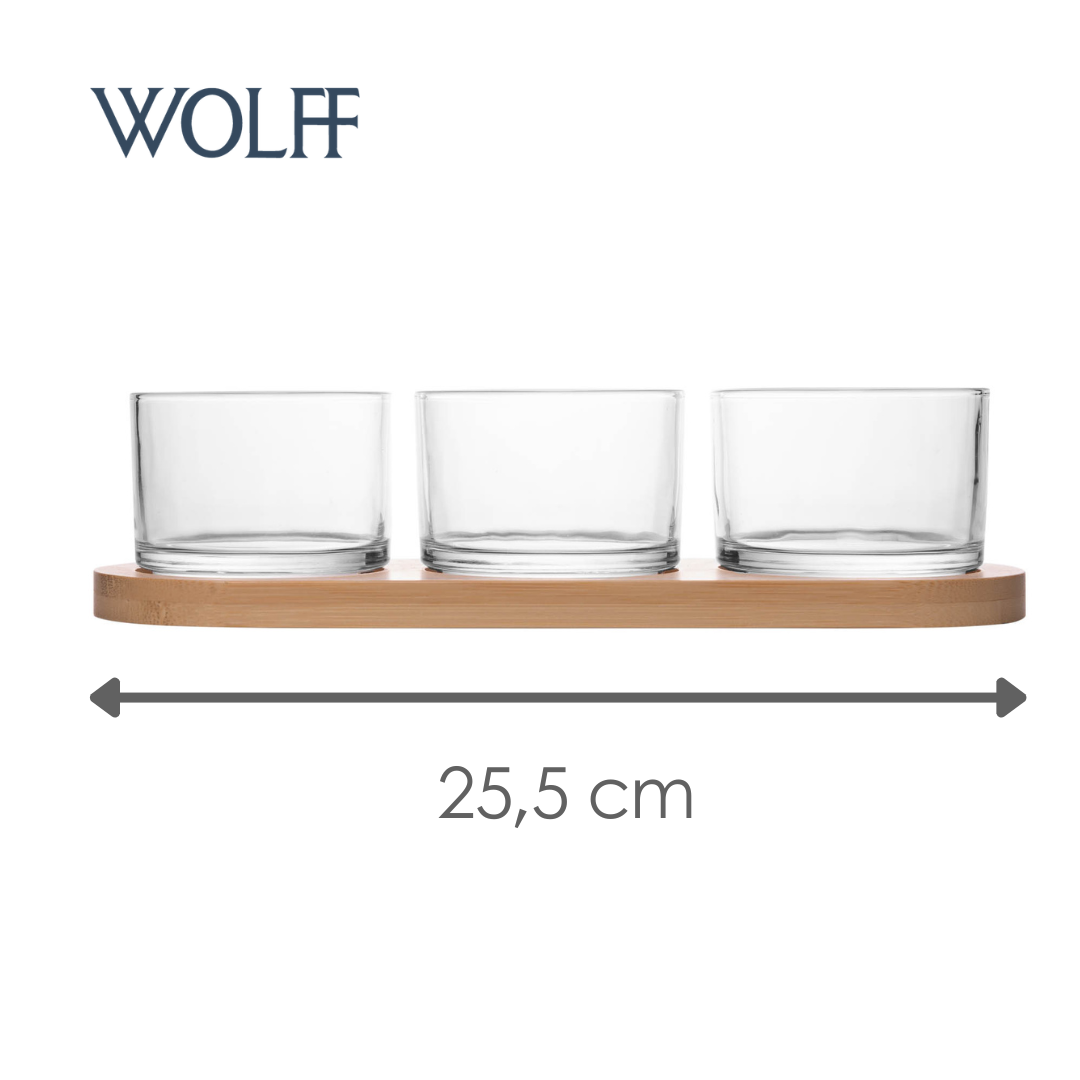 Conjunto 3 Petisqueiras com Espátula e Bandeja Bambu 25,5cm x 9cm x 5,5cm Vidro - Wolff
