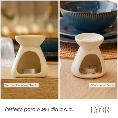 Difusor para Óleos Essenciais com Vela 8cm x 8cm x 8,5cm Branco Cerâmica - Lyor