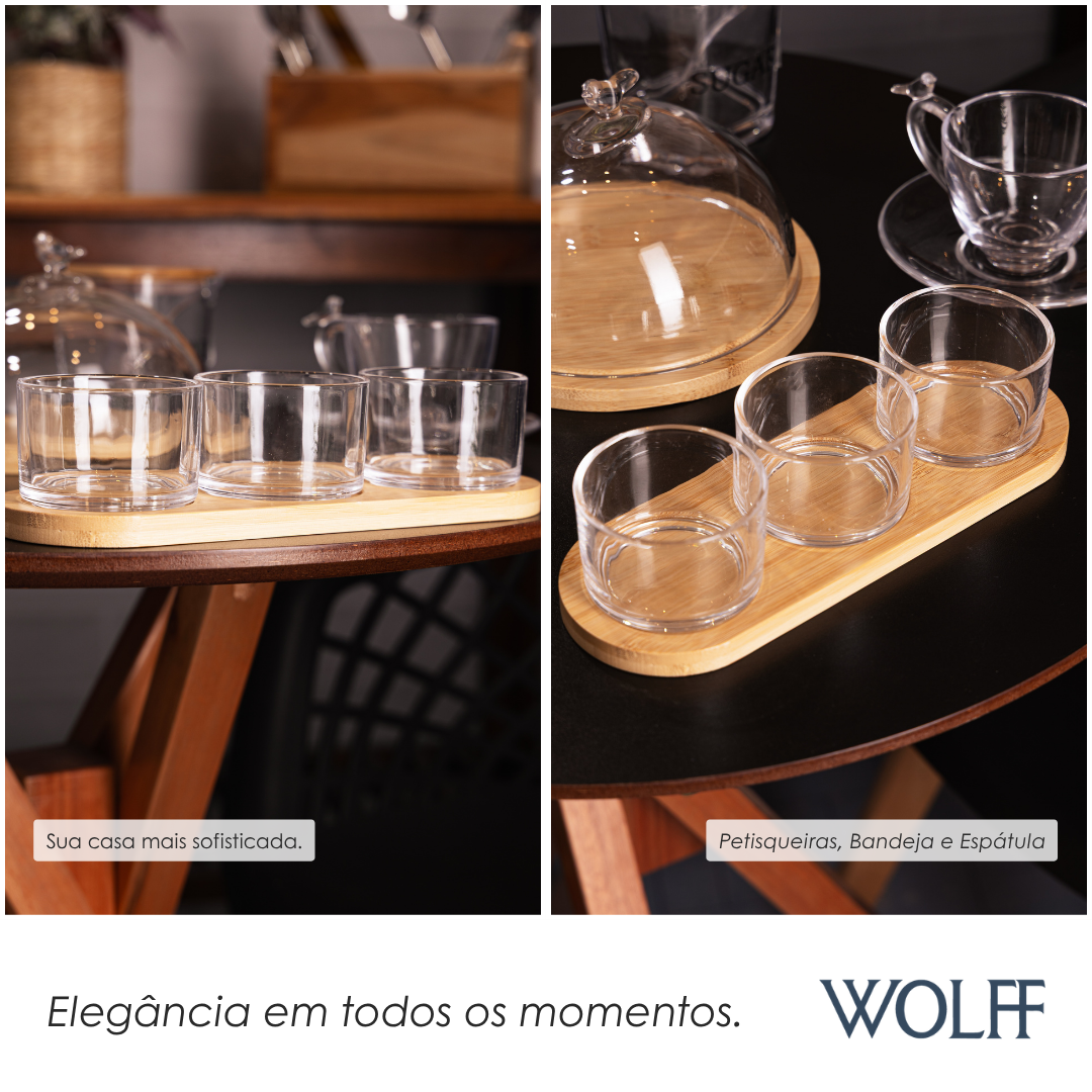Conjunto 3 Petisqueiras com Espátula e Bandeja Bambu 25,5cm x 9cm x 5,5cm Vidro - Wolff