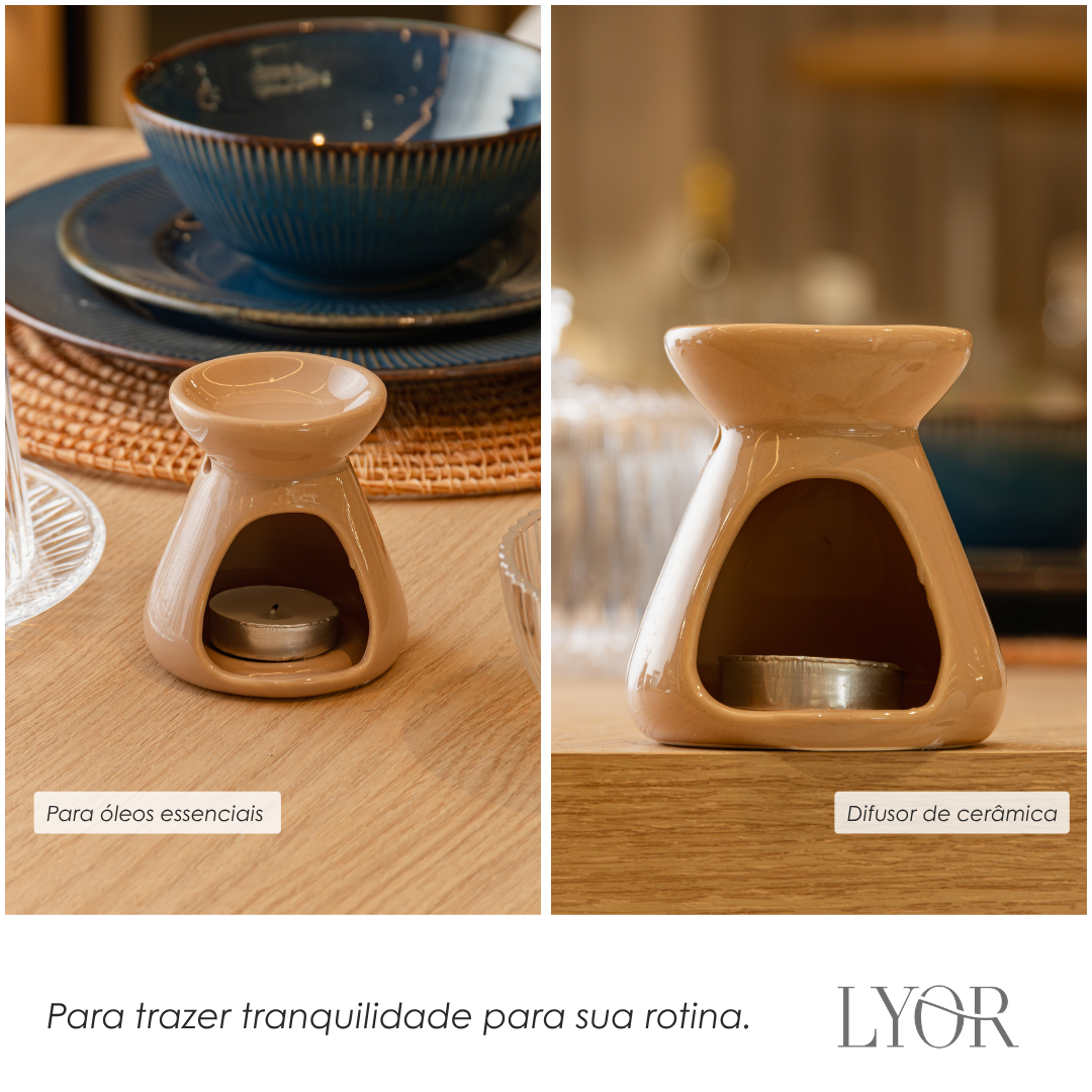 Difusor para Óleos Essenciais com Vela 8cm x 8cm x 8,5cm Bege Cerâmica - Lyor