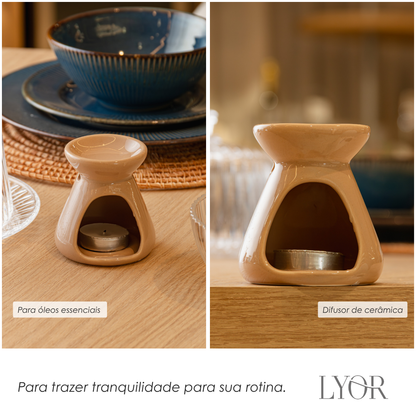Difusor para Óleos Essenciais com Vela 8cm x 8cm x 8,5cm Bege Cerâmica - Lyor