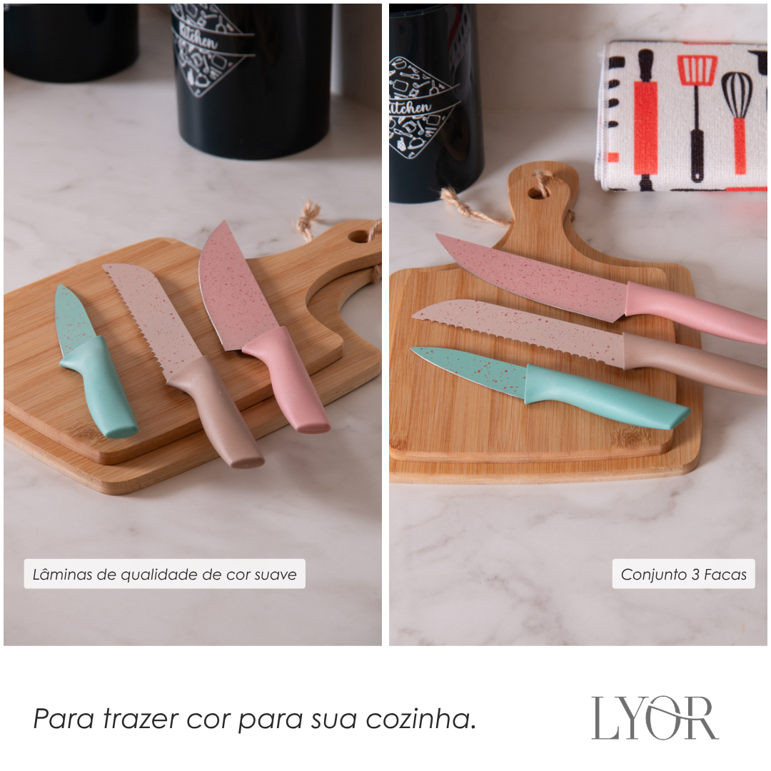 Conjunto 3 Facas Slice Colorido 24cm x 3cm x 2cm Aço Inox - Lyor