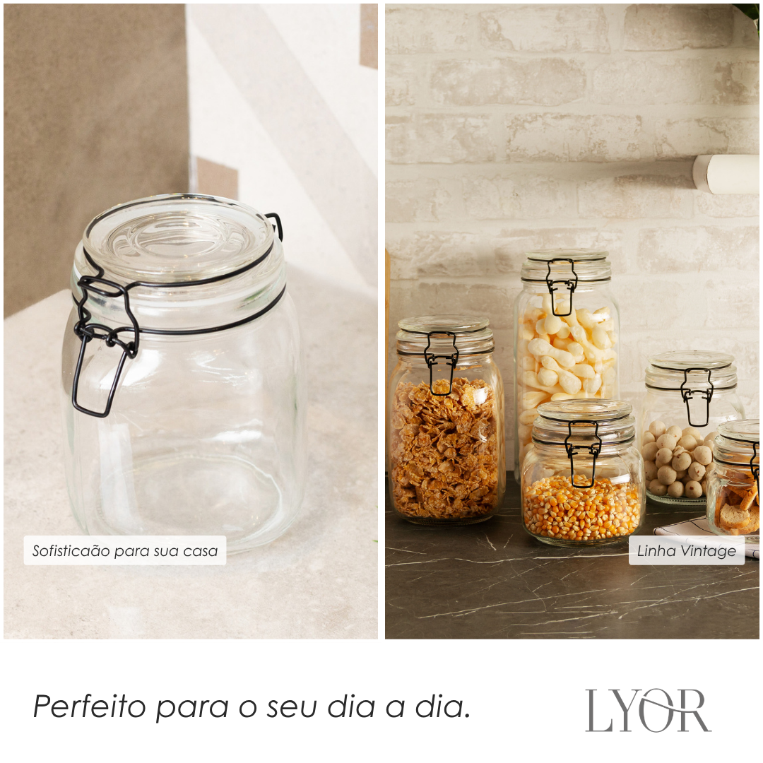 Pote Hermético de Vidro com Silicone e Clipe em Metal Vintage Preto 1L - Lyor