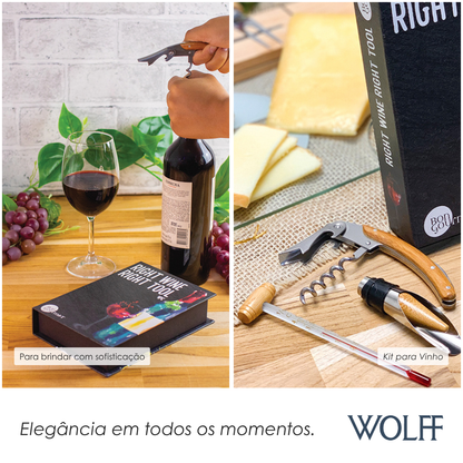 Conjunto 4 Peças de Aço Inox Detalhe Estilo Madeira para Vinho com Caixa - Wolff