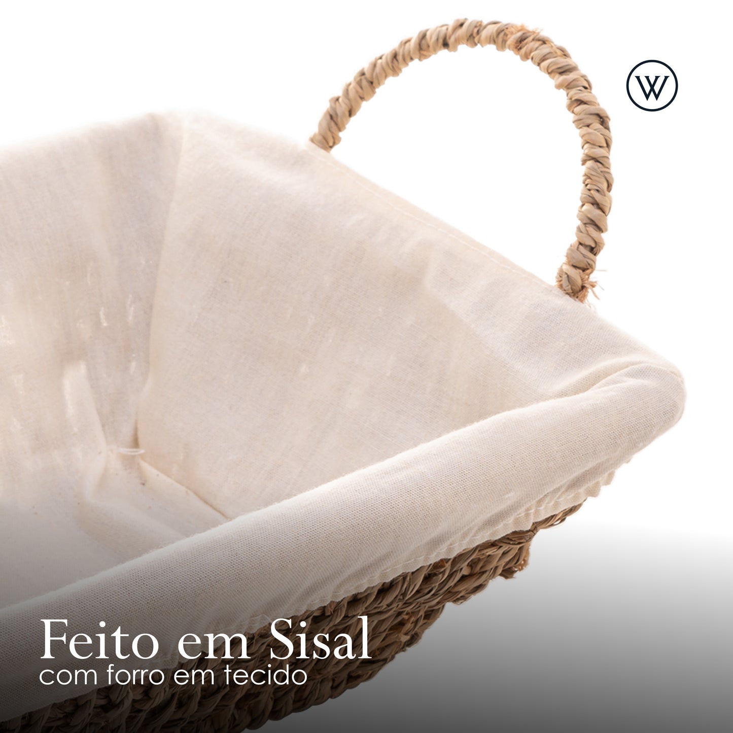 Cesta Retangular de Sisal com Forro em Tecido e Alça 35cm x 20cm x 12,5cm - Wolff