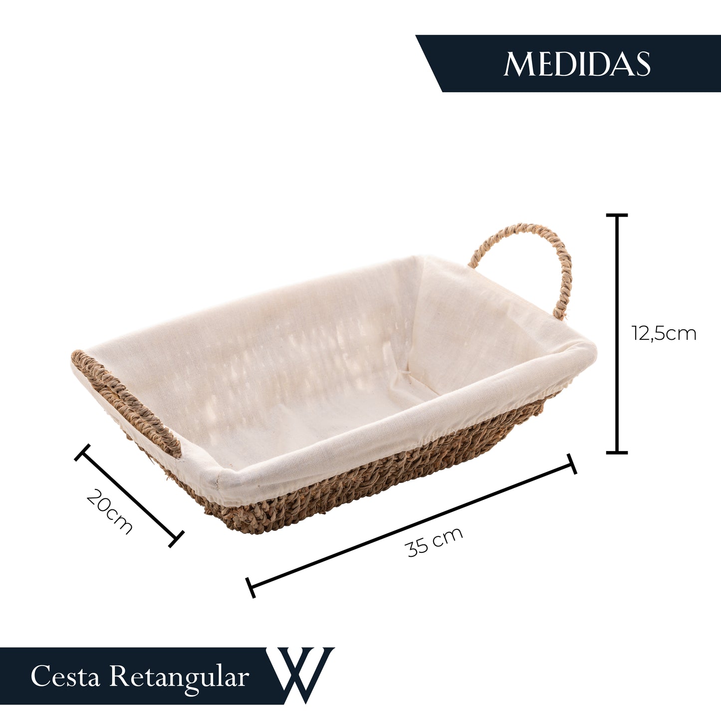 Cesta Retangular de Sisal com Forro em Tecido e Alça 35cm x 20cm x 12,5cm - Wolff