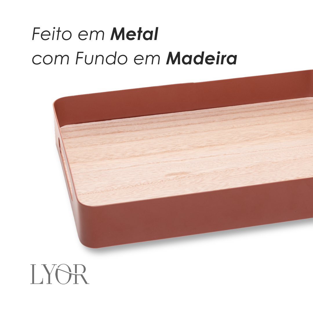 Bandeja com Fundo de Madeira Virelli 25cm x 15cm x 5cm Marrom Metal - Lyor
