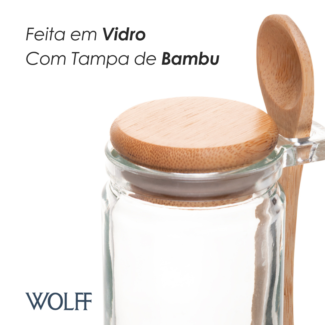 Porta Mantimentos Redondo com Colher e Tampa de Bambu 140ml Vidro - Wolff