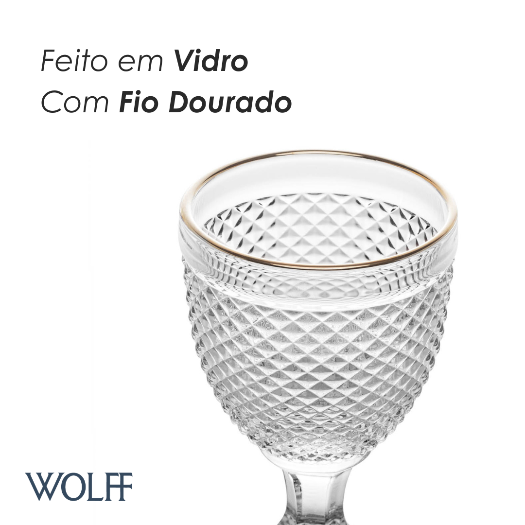 Conjunto 6 Taças de Água De Vidro Com Fio Dourado Bico De Jaca 300Ml - Wolff