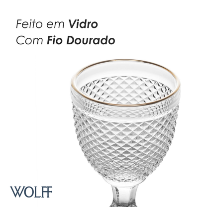 Conjunto 6 Taças de Água De Vidro Com Fio Dourado Bico De Jaca 300Ml - Wolff