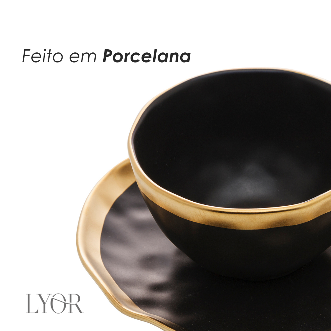 Xícara de Chá De Porcelana Dubai Preto E Dourado 200ml Wolff