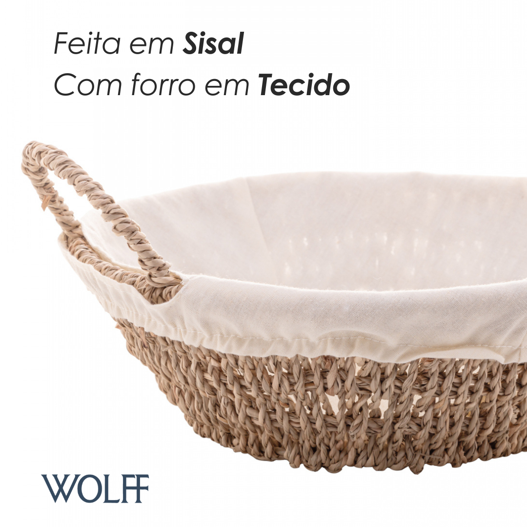 Cesta Redonda de Sisal com Forro em Tecido e Alça 29cm x 13cm - Wolff