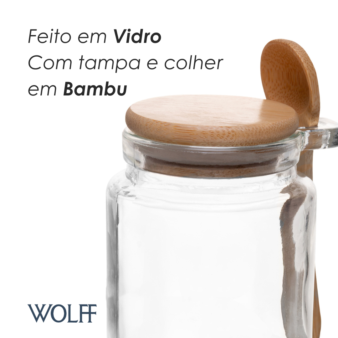 Porta Mantimentos Redondo com Colher e Tampa de Bambu 350ml Vidro - Wolff