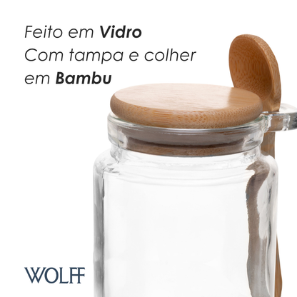 Porta Mantimentos Redondo com Colher e Tampa de Bambu 350ml Vidro - Wolff