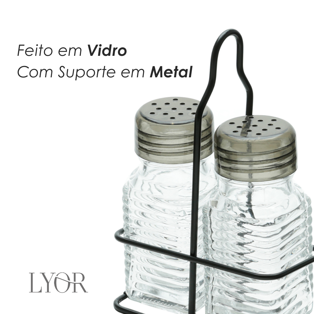 Conjunto Saleiro e Pimenteiro de Vidro com Suporte de Metal Preto 70ml -  Lyor