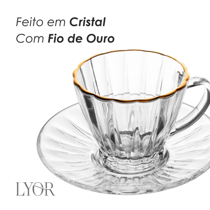 Conjunto 2 Xícaras para Chá com Fio de Ouro e Pires Radial 180ml Cristal - Lyor