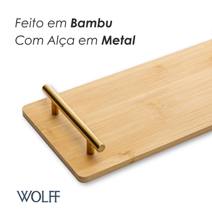 Bandeja com Alça de Metal Dourada Seattle 36cm x 17cm Natural Bambu- Wolff