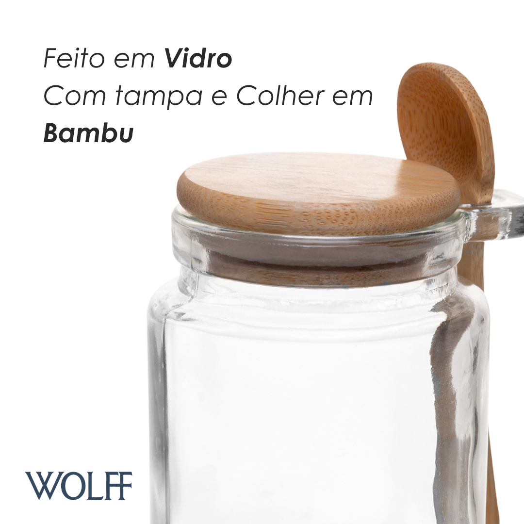 Porta Mantimentos Redondo com Colher e Tampa de Bambu 270ml Vidro - Wolff