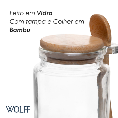 Porta Mantimentos Redondo com Colher e Tampa de Bambu 270ml Vidro - Wolff