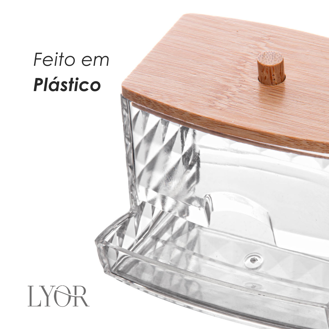 Porta Cotonete Retangular com Tampa de Bambu Special My Box  9cm x 7,5cm x 8,5cm Plástico - Lyor